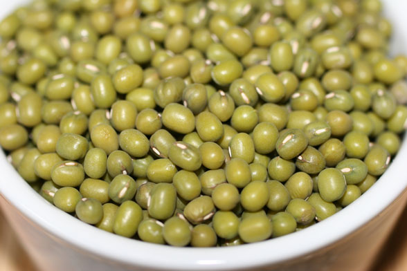 Green mungo beans in a white container.