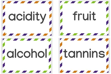 Flash cards with the wine words acitidty, fruit, alcohol and tannins.
