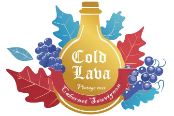 Label for an imaginary red wine named Cold Lava, Cabernet Sauvignon, vintage 2021.