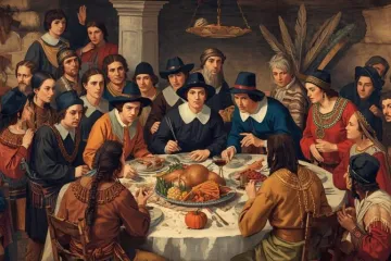 A detailed, richly colored illustration of the first Thanksgiving feast, capturing the communal gathering between Pilgrims and Native Americans.