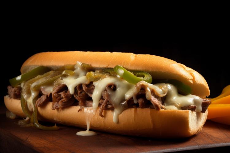 Close-up of a Philly cheesesteak sandwich with tender beef, melted provolone cheese, and slices of green bell peppers and jalapeños on a soft hoagie roll, placed on a wooden surface with a dark background.