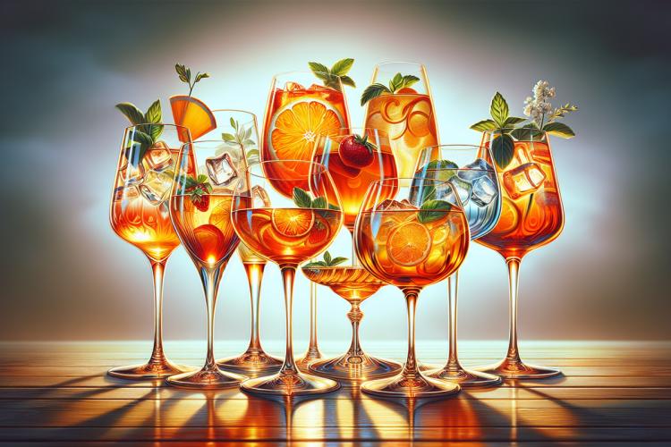Spritz cocktails in glasses, orange slices, strawberries, mint leaves, flowers.