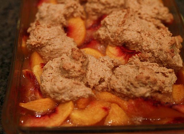 Detail of a peach cobbler.