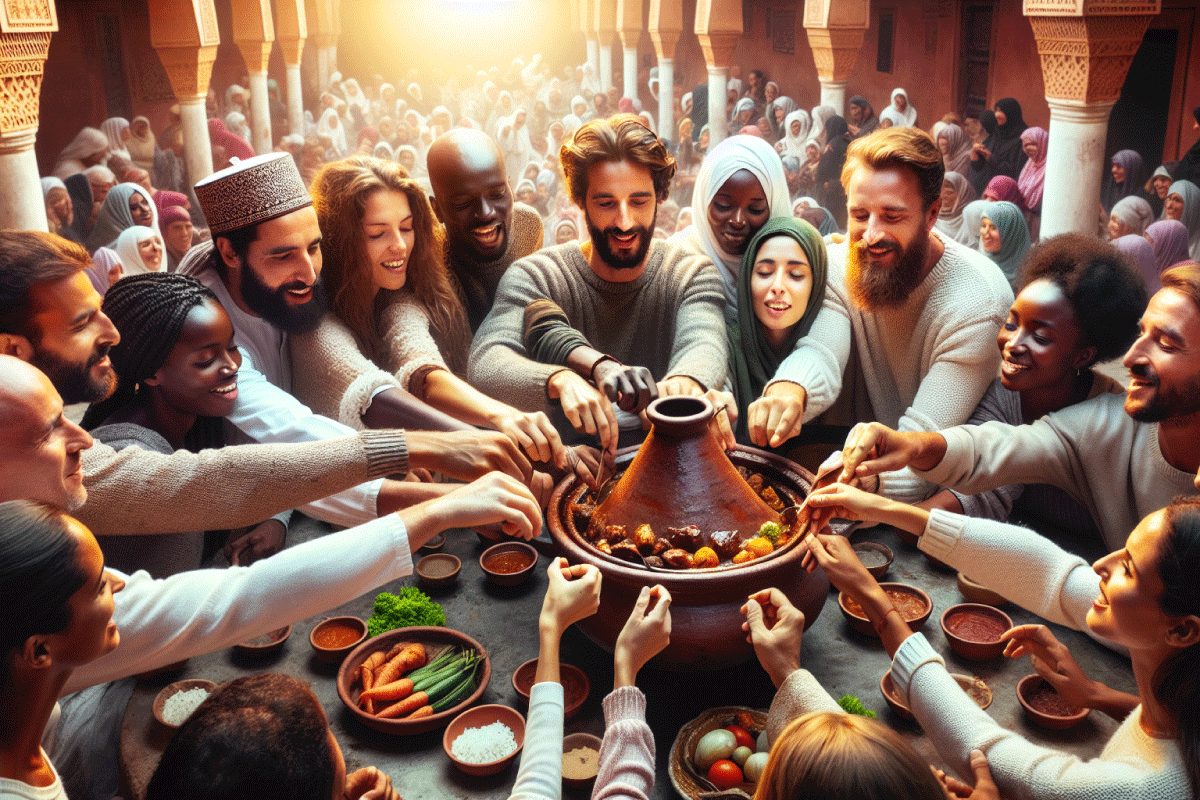 Communal eating with a group gathered around a large tagine dish.