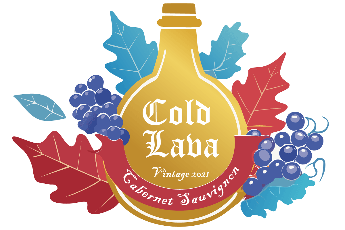 Label for an imaginary red wine named Cold Lava, Cabernet Sauvignon, vintage 2021.