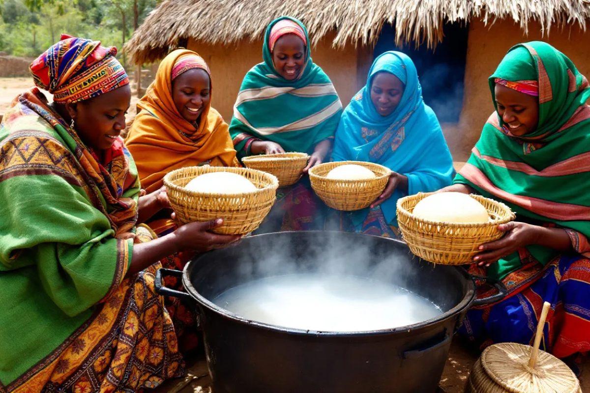 Basotho women are seen preparing traditional steamed bread in woven grass baskets, using a mixture of maize meal and sorghum.