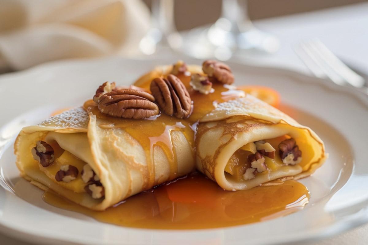 Two baked rolled crepes with a rich buttery kumquat and pecan filling, topped with warm kumquat-brandy sauce and crunchy toasted pecans.