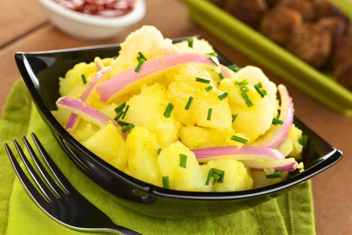 Potato salad with onion prepared Swabian style.