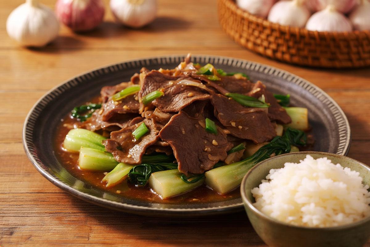 Thinly sliced Mongolian-style garlic lamb stir-fried with bok choy and scallions in a glossy brown sauce, served on a dark plate with a bowl of steamed white rice - image edited with AI.