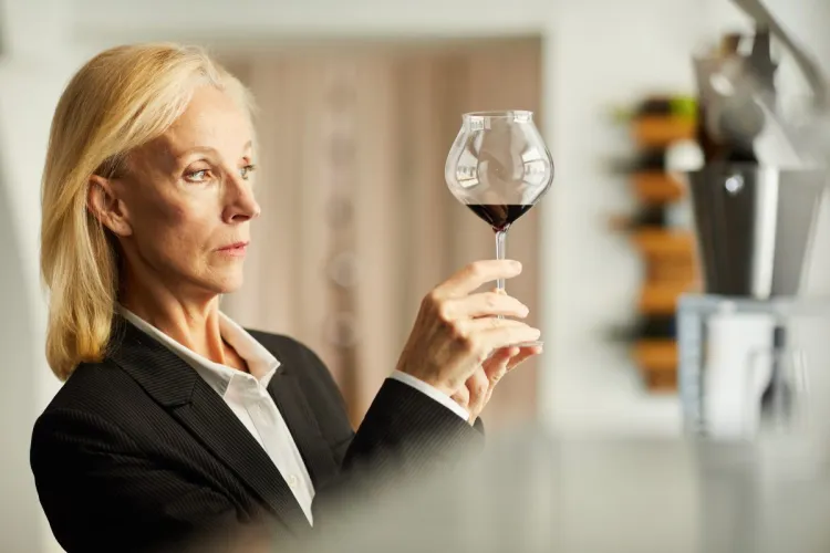 Female sommelier examining a wine.