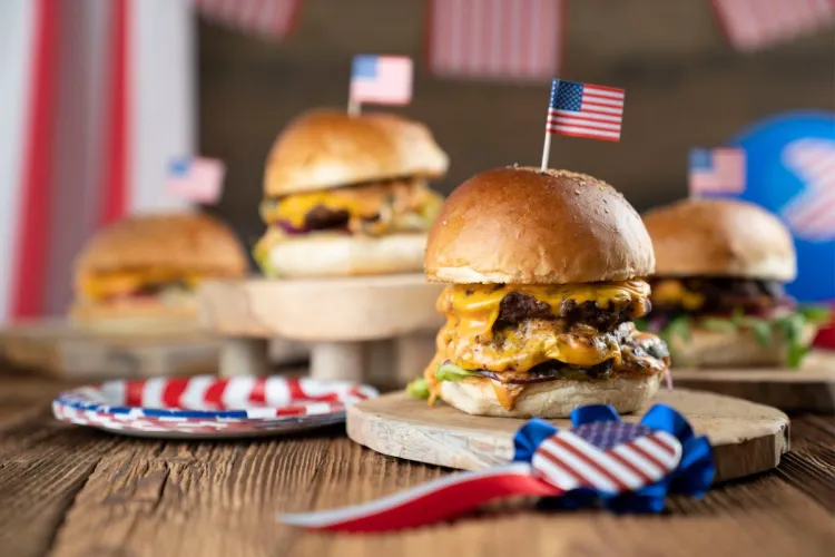 Tasty burgers decorated to celebrate the Fourth of July.
