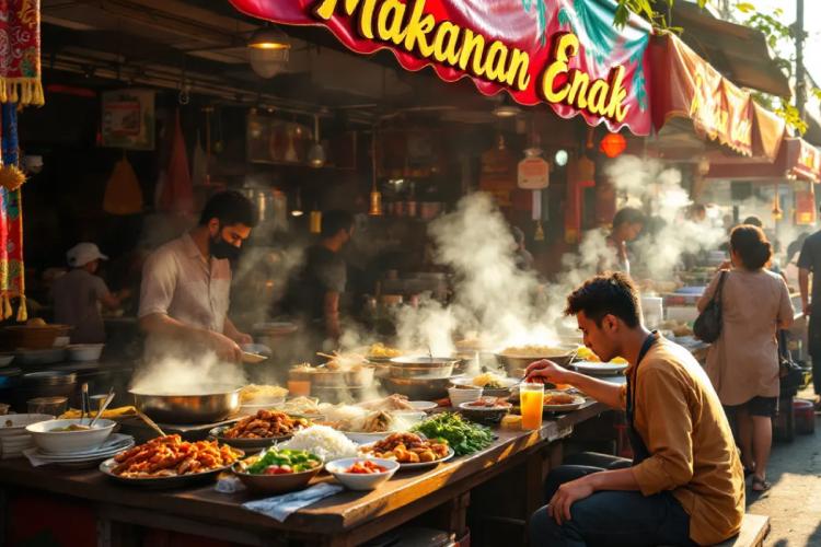 A bustling street food stall serving popular Indonesian street foods.