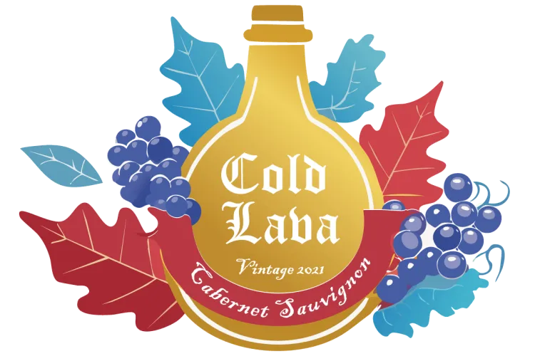 Label for an imaginary red wine named Cold Lava, Cabernet Sauvignon, vintage 2021.