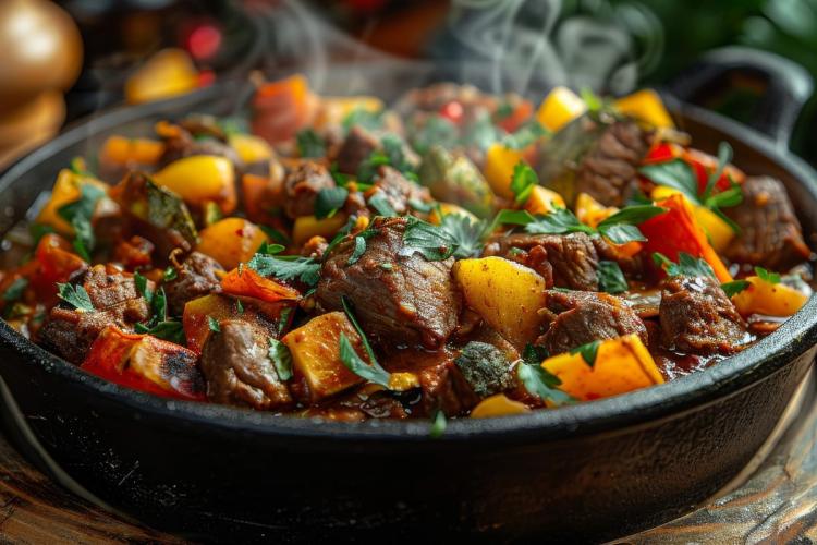 A steaming pot of stew with chunks of meat, colorful bell peppers, diced potatoes, and fresh parsley, served in a black cast-iron pot.