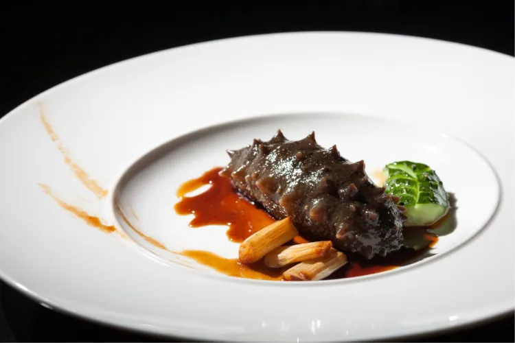 Braised sea cucumber in glossy brown sauce with caramelized scallions on a white plate.