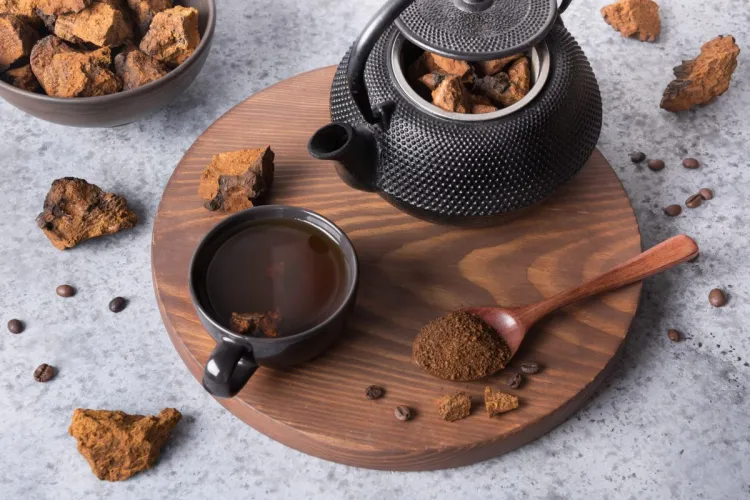 A cup of chaga mushroom tea with teapot, dried chaga chunks and powder on a wooden board.