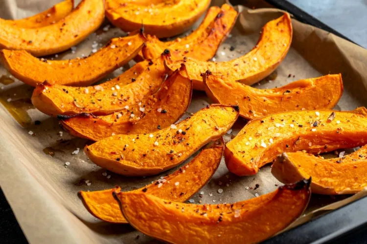 Roasted butternut squash wedges on a parchment-lined baking tray, sprinkled with salt and pepper.