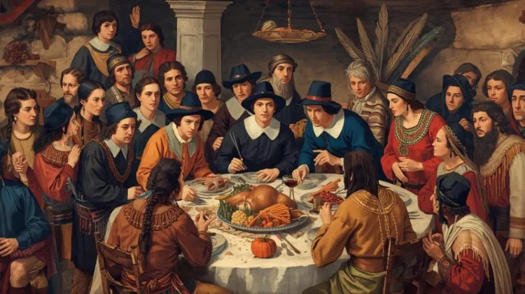A detailed, richly colored illustration of the first Thanksgiving feast, capturing the communal gathering between Pilgrims and Native Americans.