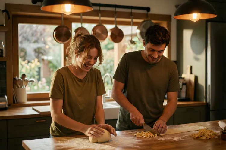 Two people cook together, kneading dough and cutting fresh pasta on a floured counter.