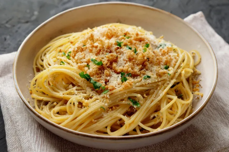 A large bowl with spaghetti aglio e olio with toasted breadcrumbs.