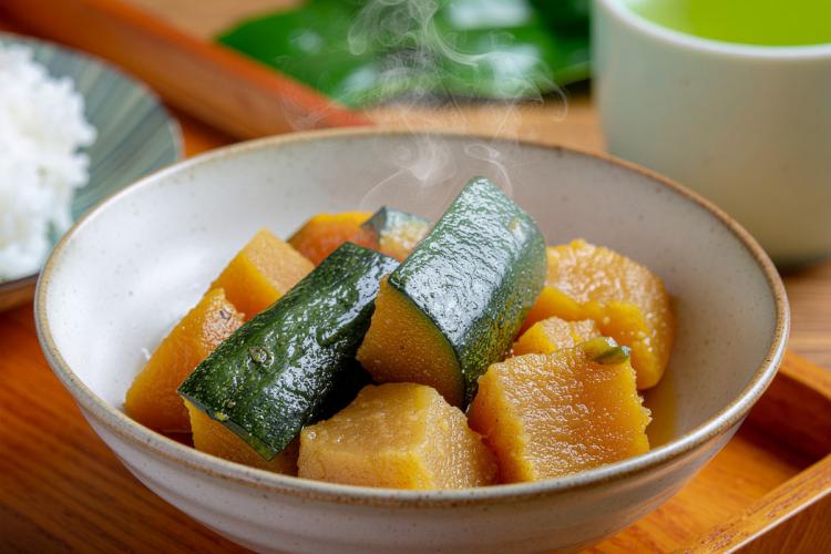 Homemade simmered kabocha squash in Japanese style, tender squash pieces in a light savory broth glaze, simple ceramic bowl, warm natural daylight, minimalist Japanese home kitchen aesthetic.