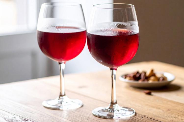 Two glasses of deep red Kir cocktails on a wooden table with a bowl of nuts in the background.