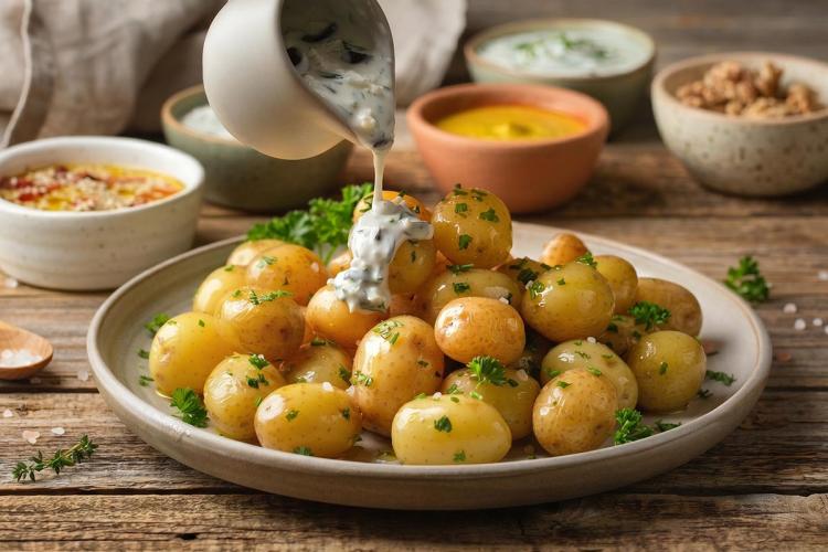 Creamy herb dressing being poured over steamed baby potatoes garnished with fresh parsley on a rustic table.