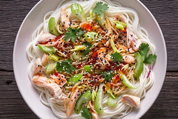 Thai chicken noodle stir-fry with rice noodles, chicken, baby bok choy, cilantro, green onions, sesame seeds, and savory sauce on a white plate.