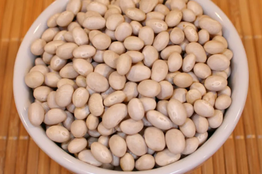 Dry haricot beans in a white container.