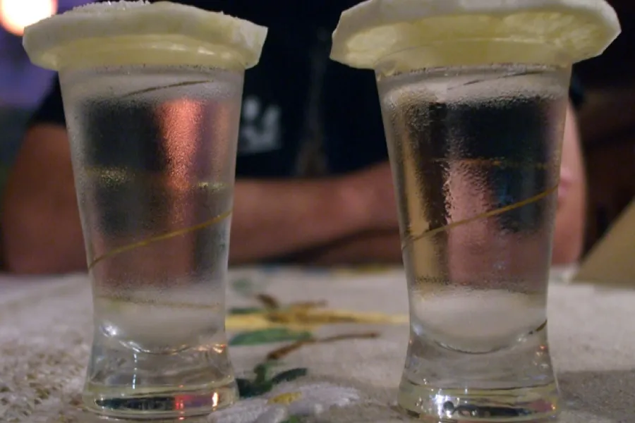Glasses of vodka with a slice of lemon on top.