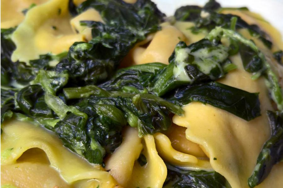 Ravioli with spinach sauce.
