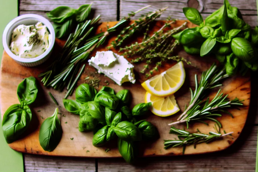 Variety of herbs and ingredients for a cream cheese spread.