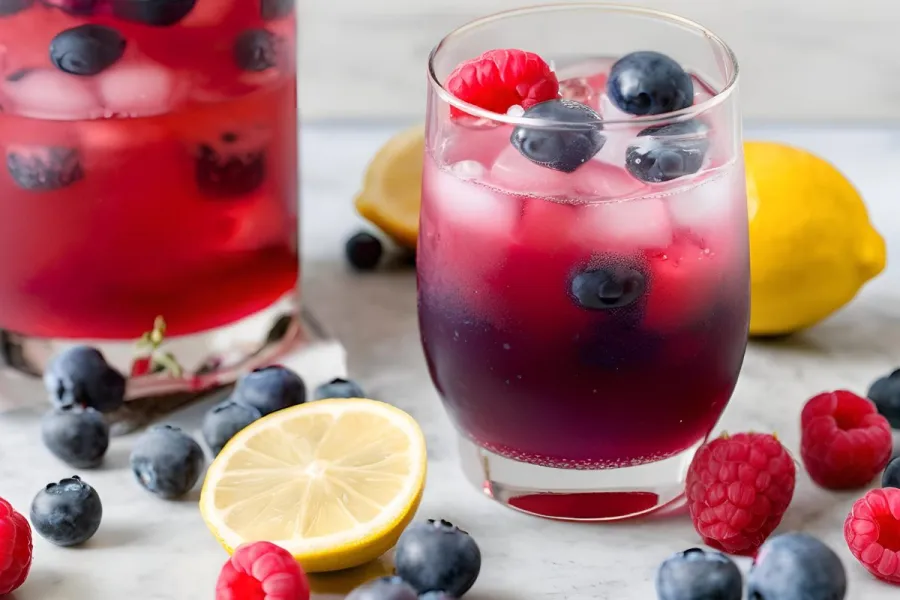 A glass of Fourht of July cocktail with ice and decorated with fresh blueberries and raspberries.