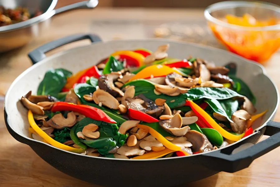 Colorful vegetable stir-fry with bell peppers, spinach, mushrooms, and nuts in a pan - GAI.