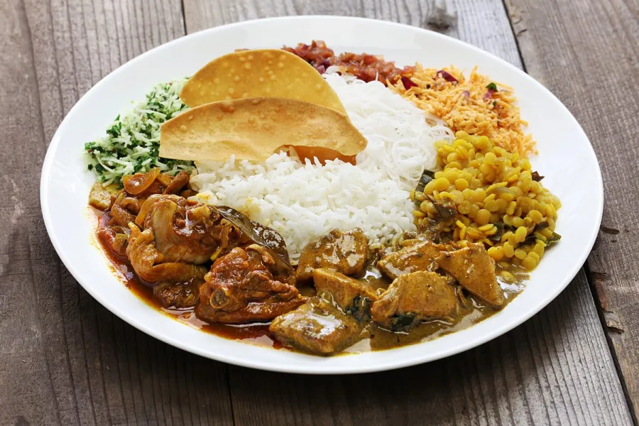 A plate of Sri Lankan rice and curry.