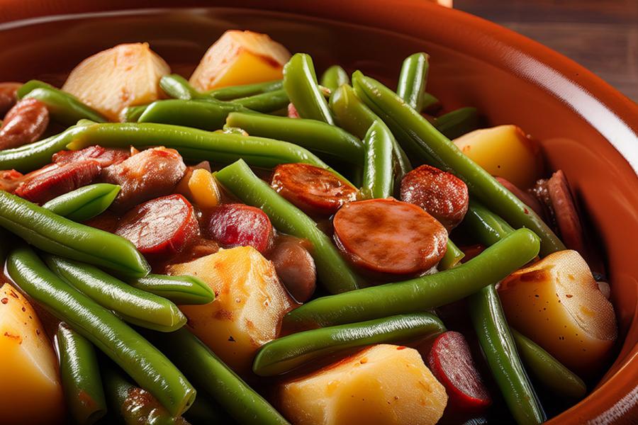 An earthenware recipient with smothered green beans with potatoes and sausage.