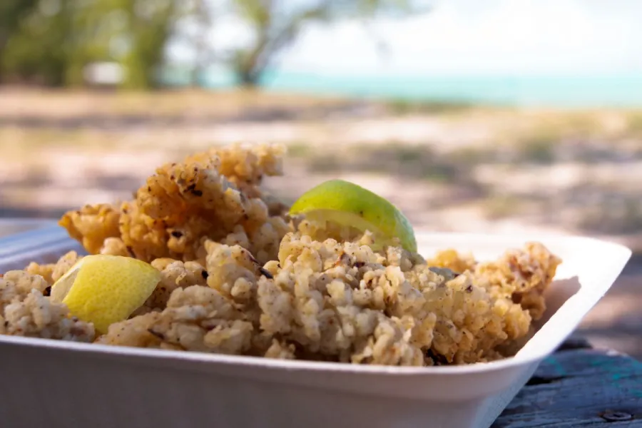A container filled with cracked conch, a tasty seafood dish.