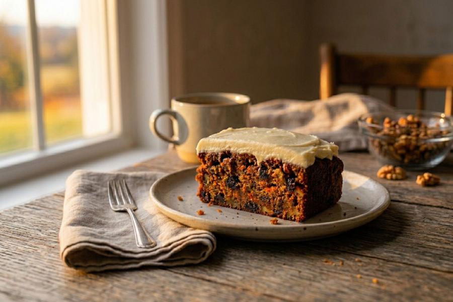 Slice of homemade raisin walnut carrot cake with cream cheese frosting on a rustic plate by a window.