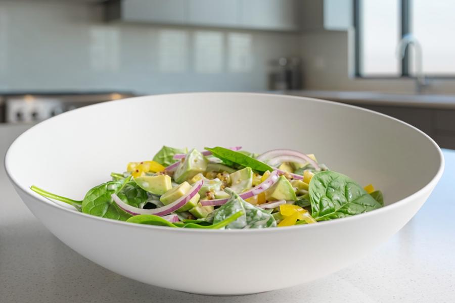 Baby spinach salad with avocado, red onion, yellow bell pepper, and creamy dressing in a white bowl on a modern kitchen counter.