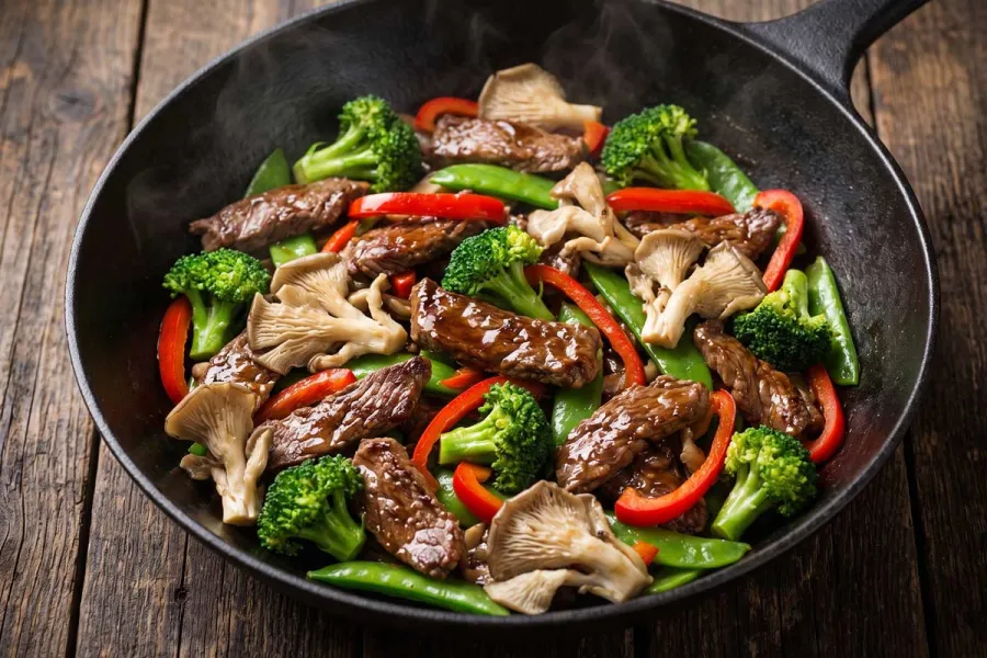 Beef stir-fry with broccoli, red bell pepper, snow peas, and oyster mushrooms in a black skillet.