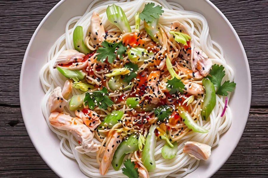 Thai chicken noodle stir-fry with rice noodles, chicken, baby bok choy, cilantro, green onions, sesame seeds, and savory sauce on a white plate.