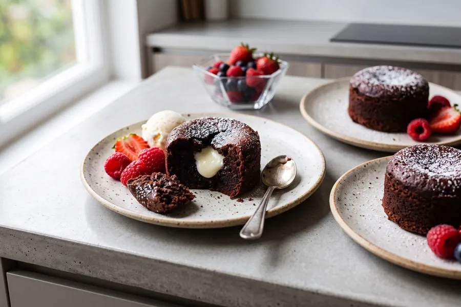 A chocolate lava cake cut open to reveal a molten vanilla center, dusted with powdered sugar and served with a scoop of ice cream, fresh berries, and a spoon, with two more lava cakes on plates in the background.