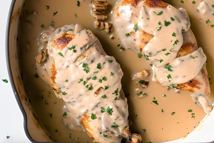 Apple filled chicken breast in creamy pecan sauce.