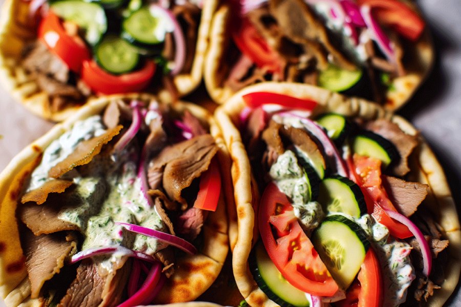 Gyros, flavorful pita sandwiches with rotisserie-cooked meat and fresh vegetables.