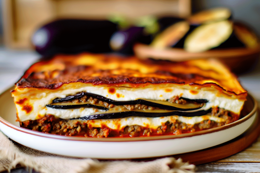 Moussaka is a dish with layers of eggplant, minced meat, and creamy béchamel sauce.